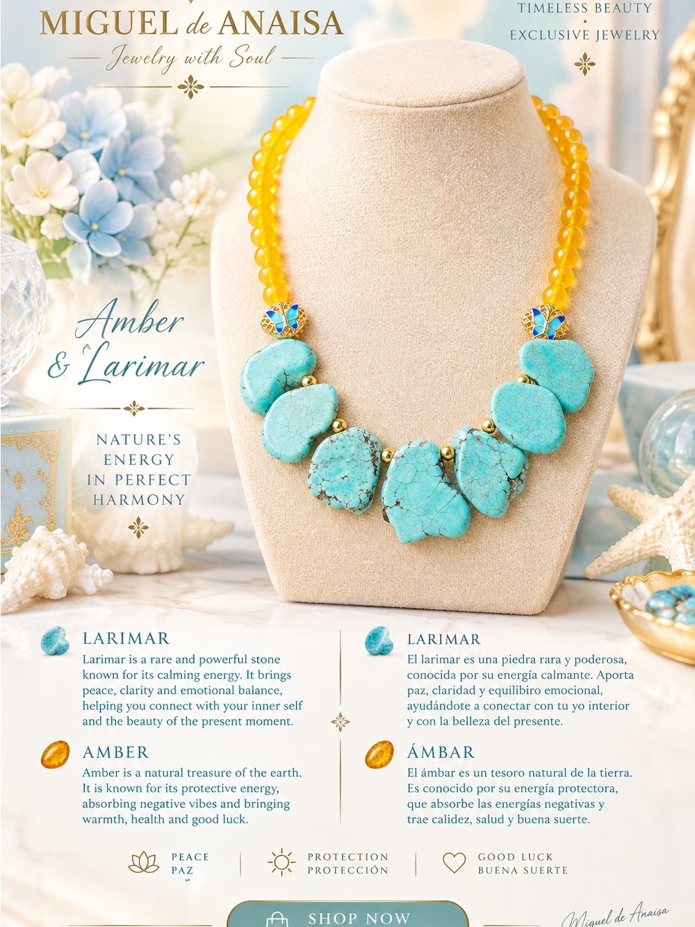 Amber & Turquoise Larimar Statement Necklace - Yellow and Turquoise
